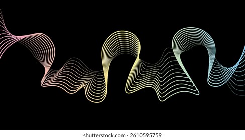 Futuristic geometric abstract shapes neon halftone pulsating wavy lines Gradient sound wave on black background. Modern vector design for equalizer, audio recording, voice assistant.
