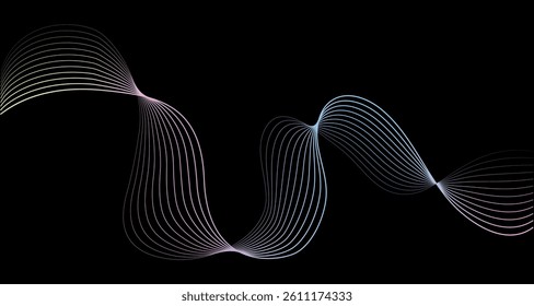 Futuristic geometric abstract shapes neon halftone pulsating wavy lines gradient curved stripes on black background. Modern vector design for equalizer, audio recording, voice assistant.