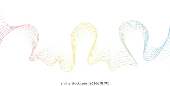 Futuristic geometric abstract shapes neon halftones pulsating wavy dotted lines. Gradient curved stripes. Modern vector design for equalizer, audio recording, voice assistant.