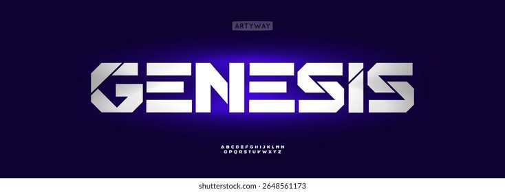 Futuristic geometric alphabet, bold cyber font, robotic typographic symbol for sci-fi gaming logo, virtual tech lettering title. Digital techno typographic design. Vector typeset