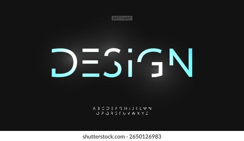 Alfabeto geométrico futurista, fonte tecno de recorte estilizado, símbolos tipográficos robóticos para logotipo de marca de IA, design de título de letras de inicialização digital, texto de exibição de UI moderno. Tipo de vetor