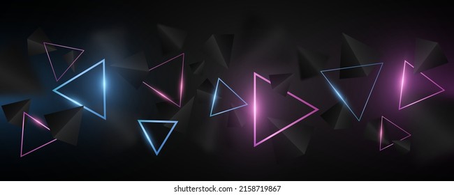 Futuristic geometric background. Blue and purple glowing triangles in the dark. Template design. Abstract modern cover. 3D Polygonal shapes. Vector illustration. EPS 10