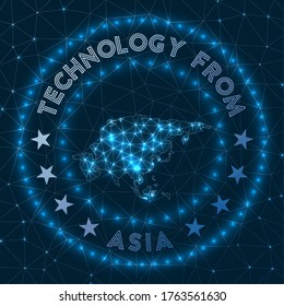 Futuristic geometric badge of the continent. Technological concept. Round Asia logo. Vector illustration.
