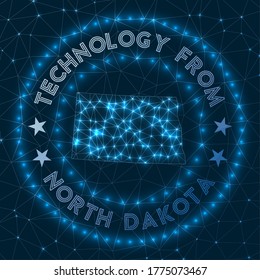 Tecnología De Dakota Del Norte. Bandera geométrica futurista del estado de ee.uu. Concepto tecnológico. Logo de Round North Dakota. Ilustración vectorial.