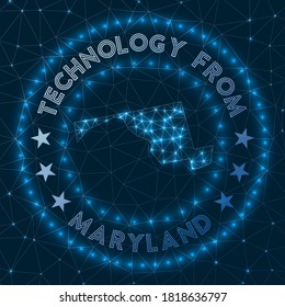 Tecnología De Maryland. Bandera geométrica futurista del estado de ee.uu. Concepto tecnológico. Logo de Round Maryland. Ilustración vectorial.