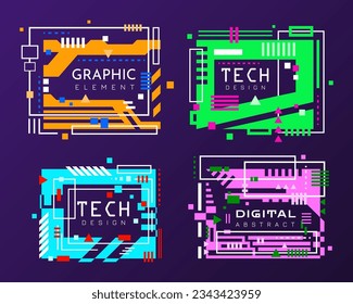 Futuristic geometric banner set. Modern technology banners collection in cyberpunk style. Futuristic hi-tech badges for digital products promotion