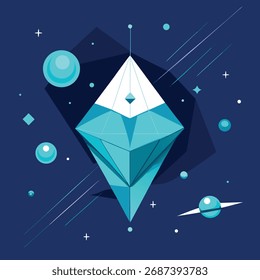 Futuristic Geometric Diamond in Space with Planets and Stars