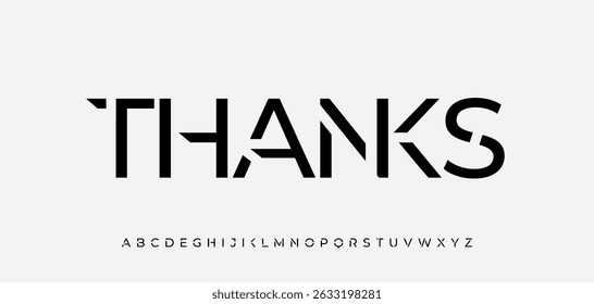 Futuristic geometric font spelling thanks in scifi minimal style. Bold abstract lettering with sharp techno forms. Perfect for cyberpunk posters, tech branding, digital art, logo. Vector illustration