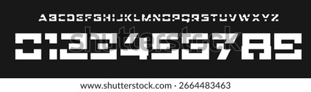 Futuristic geometric font, squared cutout alphabet, bold cut techno typeface, sci-fi logo numbers, cyber UI style numeric, digital HUD visuals, robotic interface typographic design. Vector typeset.