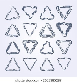 Futuristic Geometric Glitch Triangles Triangular shapes with glitch effects each uniquely designed with varying degrees of distortion and digital noise Futuristic and tech-inspired aesthetic