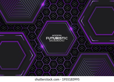 Futuristic Geometric with Hexagon Shape Glowing Purple and Dark Background