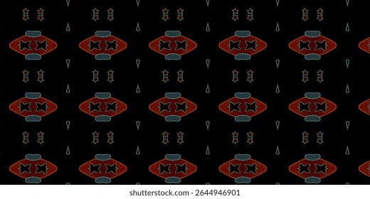 Futuristic geometric pattern in red and teal on black background, ideal for textiles, wallpapers, and tech themes. Features abstract symmetry and subtle glowing highlights.