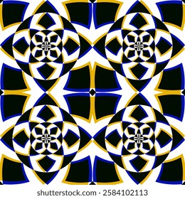 A futuristic geometric pattern with rounded and interlocking shapes creating a strong optical illusion. The black, blue, and yellow colors enhance the sense of movement and symmetry.