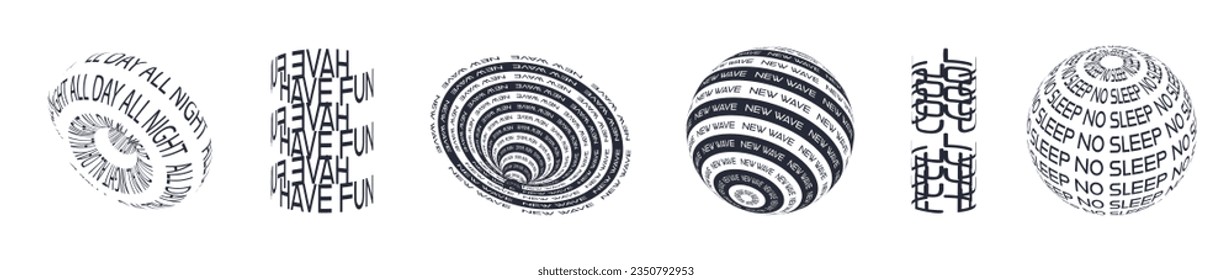 Futuristic geometric shapes. Donut, sphere and abstract with different trend phrases. Elements for clothes, posters, banners, etc.