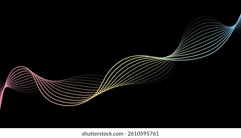 Futuristic geometric shapes neon halftone wavy lines in abstract composition. Vector illustration of gradient curved stripes. Modern design for digital art, web banners, covers.