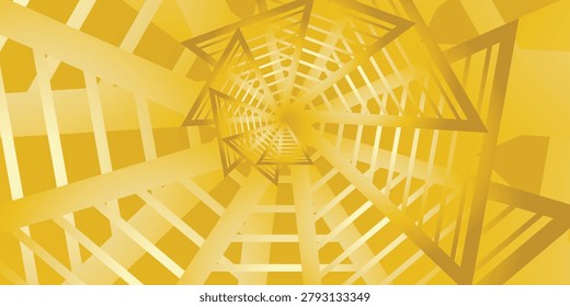Futuristic geometric vector background featuring a monochrome 3D perspective tunnel with sharp interlocking triangle patterns and linear chevron grid corridor for tech and gaming UI layouts