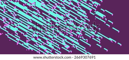 Futuristic geometric voxel artwork made of cubes in isometric perspective forming diagonal structure with contrast neon colors. Big data visualization and flow of massive digital clusters. Voxel art