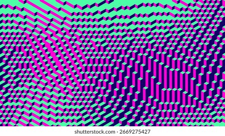Futuristic geometric voxel pattern made of cubes in axonometric perspective with bright bold contrasting neon colors. Voxel cubes with cyan pink purple tones forming an optical and geometric illusion
