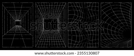 Futuristic geometric wireframe grunge perspective mesh. Geometry wireframe grid backgrounds in black color. Trendy retro 1980s, 90s, 2000s style. Print, poster, banner.