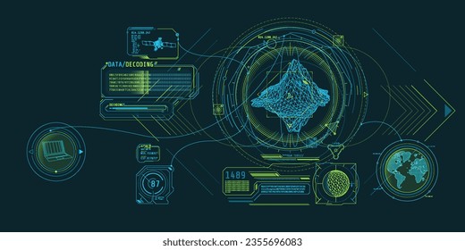 Futuristic geoscience software screen design with data decoding.