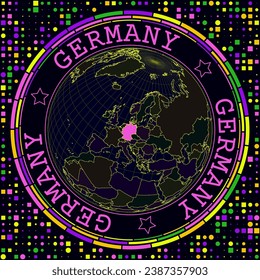 Futuristic Germany on globe. Bright neon satellite view of the world centered on Germany. Geographical illustration with shape of country and geometric background. Trendy vector illustration.