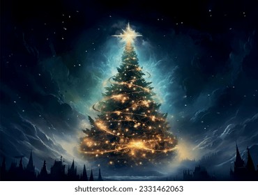 Futuristic giant Christmas tree glowing in the dark above night city