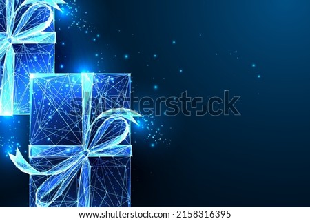 Futuristic gift boxes and copy space background, holiday concept in glowing style on dark blue 
