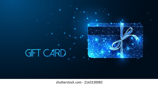 Futuristic gift card with ribbon bow concept in glowing low polygonal style on dark blue background.