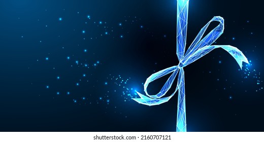 Futuristic gift ribbon bow concept banner in glowing low polygonal style isolated on dark blue