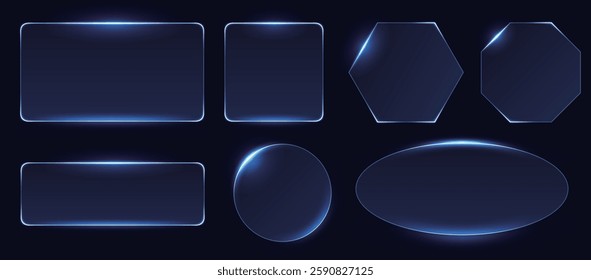 futuristic glass frame set group, glowing blue gradient panel background, big screen data visulization dashboard element, high tech translucent effect surface