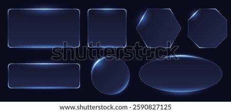 futuristic glass frame set group, glowing blue gradient panel background, big screen data visulization dashboard element, high tech translucent effect surface