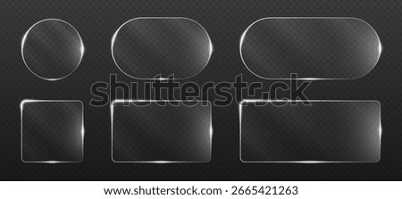 Futuristic glass frames with neon glow in blue and electric tones. Transparent geometric shapes including squares circles and hexagons for digital banners UI templates and high tech signage.
