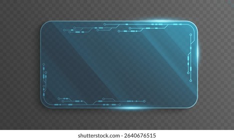 Futuristic glass panel with glowing blue circuit lines for cyber ID card isolated on transparent background. Modern digital dashboard for UI and GUI design. Vector illustration.