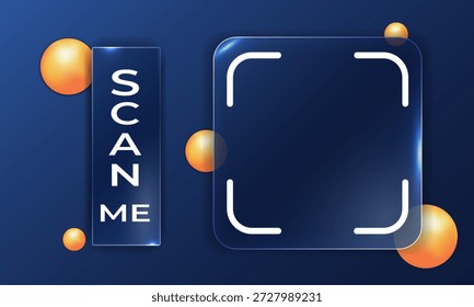 Futuristic Glass UI Interface with Transparent BG, Scan Me Frame, gradient spheres. Modern tech background for scanning screen, app UI, security, QR or digital identification.