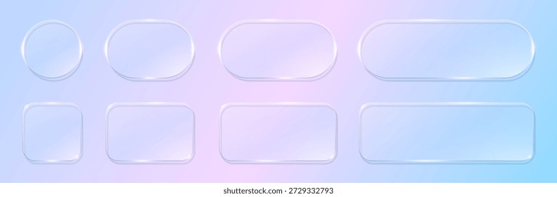Futuristic glassmorphism UI element with square transparent frame and liquid glossy texture. Blue neon light effect on 3d glass button box with round edges. Modern app interface design template.