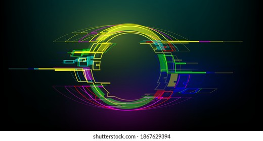 Futuristic glitch circle in cyberpunk style. Modern glowing geometry shape with distortion effect. Good for design promo electronic music events, games, banners, web. Vector