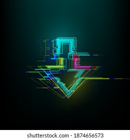 Futuristic glitch down arrow in cyberpunk style. Modern glowing direction pointer with distortion effect. Good for design promo electronic music events, games, banners, web. Vector