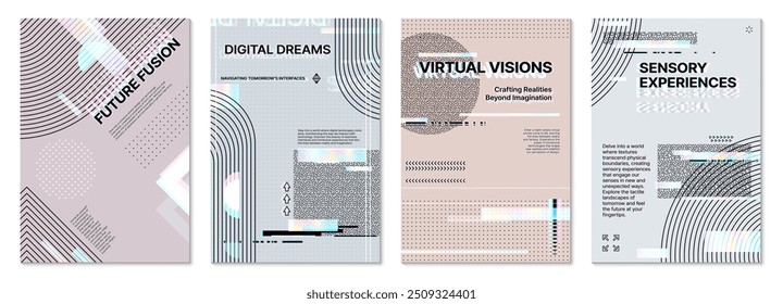 Modelo de poster de falha futurista, fundo de cobertura abstrata com distorção digital, efeito holográfico e formas geométricas. Placas vetoriais para tecnologia avançada e experiência inovadora