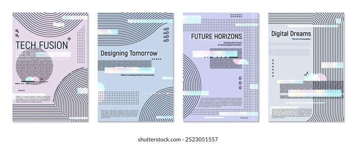 Modelo de cartaz de falha, fundo geométrico da capa. Conjunto de placas verticais vetoriais com inovação tecnológica e digital, combinação de tecnologia e criatividade para apresentações