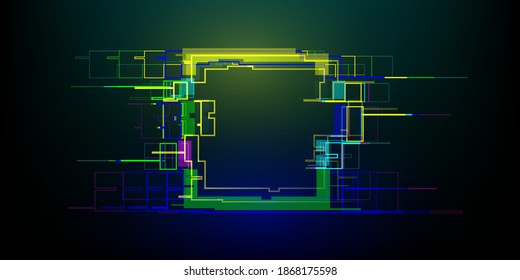 Futuristic glitch rectangle in cyberpunk style. Modern glowing geometry shape with distortion effect. Good for design promo electronic music events, games, banners, web. Vector 
