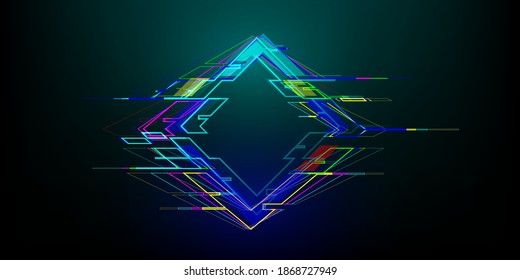 Futuristischer Glitzer Rhombus im Cyberpunk-Stil. Moderne, leuchtende Geometrie mit Verzerrungseffekt. Gut für Design-Förderung von elektronischen Musikveranstaltungen, Spielen, Bannern, Web. Vektorgrafik 