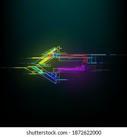 Futuristic glitch right arrow in cyberpunk style. Modern glowing direction pointer with distortion effect. Good for design promo electronic music events, games, banners, web. Vector