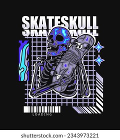 Futuristic Glitch Skull Artwork with Neon Purple and Blue Vaporwave Aesthetic. Cyberpunk Techwear Style for Streetwear Fashion and Poster Design