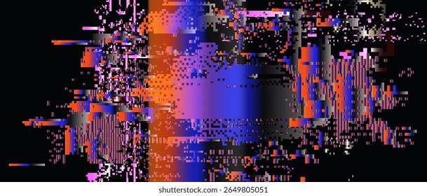 Futuristic glitch-art vector using popular digital abstract style. Neon bright pixel blocks, rectangles, and fractured lines create a dynamic, pixelated, and edgy visual effect.