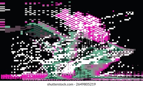 Futuristic glitch-art vector using popular digital abstract style. Neon bright pixel blocks, rectangles, and fractured lines create a dynamic, pixelated, and edgy visual effect.