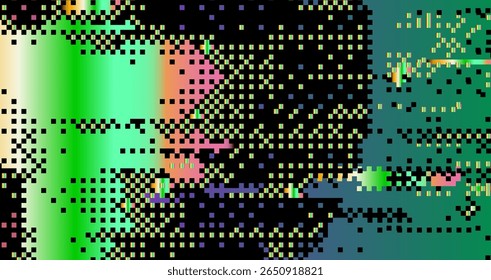 Vetor futurista glitch-art usando estilo abstrato digital popular. Blocos de pixel luminosos, retângulos e linhas fraturadas de néon criam um efeito visual dinâmico, pixelado e nervoso.