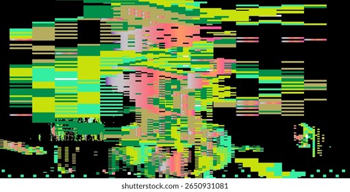 Vetor futurista glitch-art usando estilo abstrato digital popular. Blocos de pixel luminosos, retângulos e linhas fraturadas de néon criam um efeito visual dinâmico, pixelado e nervoso.
