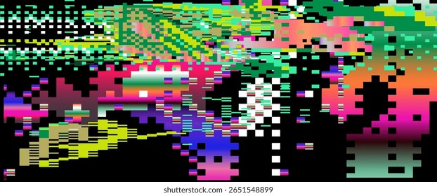 Vetor futurista glitch-art usando estilo abstrato digital popular. Blocos de pixel luminosos, retângulos e linhas fraturadas de néon criam um efeito visual dinâmico, pixelado e nervoso.