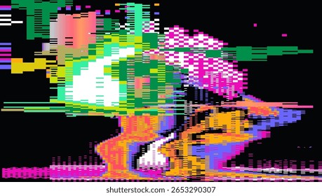 Vetor futurista glitch-art usando estilo abstrato digital popular. Blocos de pixel luminosos, retângulos e linhas fraturadas de néon criam um efeito visual dinâmico, pixelado e nervoso.