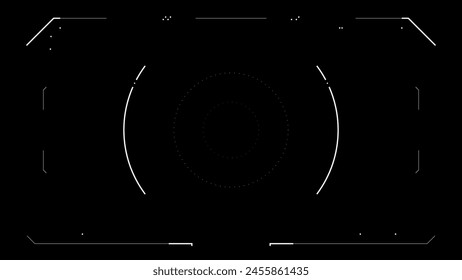 Futuristic glitchy HUD aim. Cyberpunk style distorted HUD screen. User interface hologram screen for game, movie, sci-fi, drone footage, VR etc. Overlay template. Cyber, tech concept.